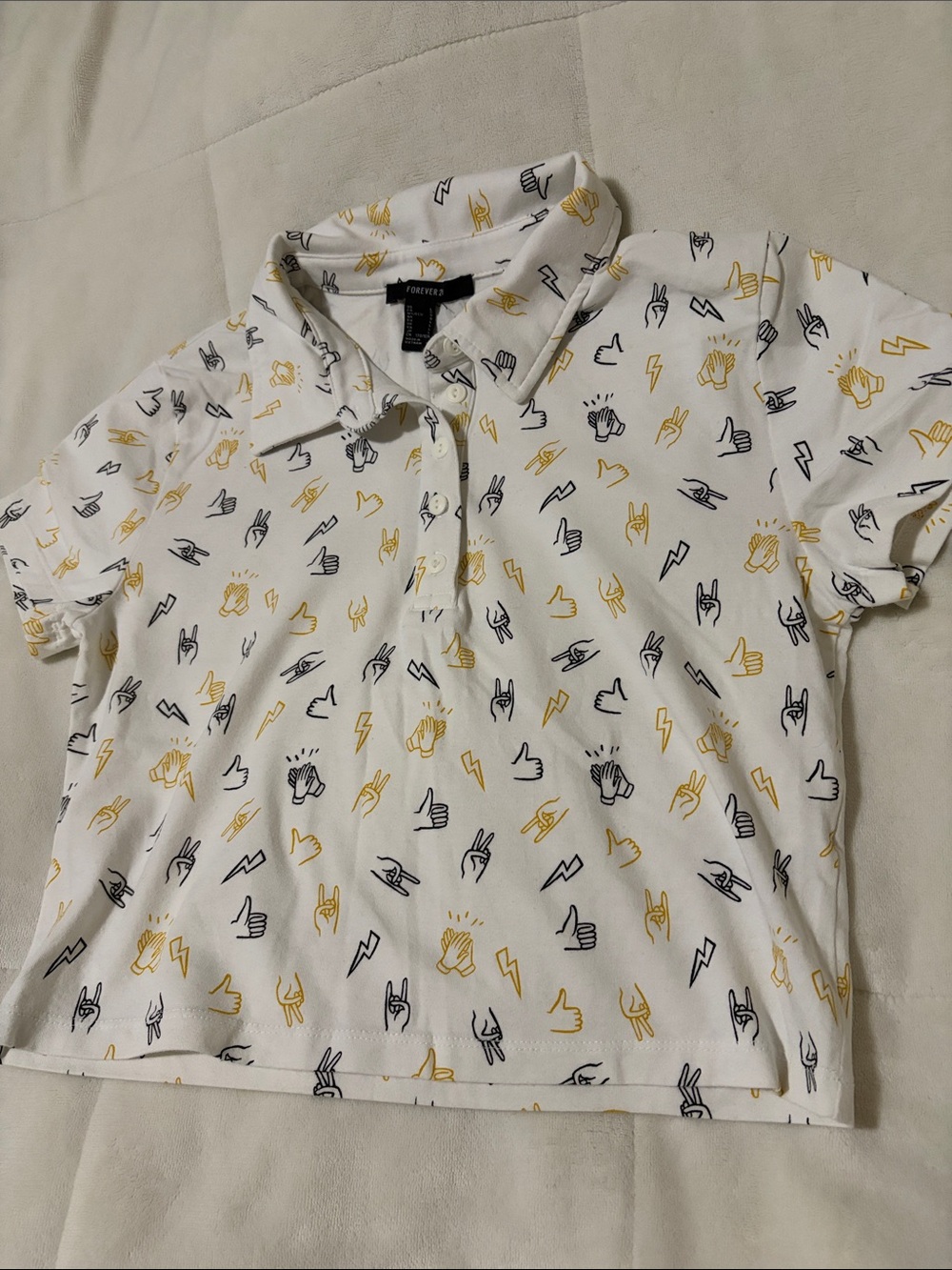 Forever 21 White Cropped Polo with Yellow & Black Handprint Icons